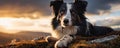 Border collie against dramatic sunset light.Dog wide banner. copy space for text