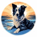 Border Collie Beach Sticker: Digital Art Techniques With Tonalism Inspiration Royalty Free Stock Photo