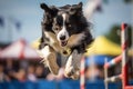 Border collie on dog agility slalom. Sports competitions of dogs on agility field. Collie dog jumping over obstacle. Generative AI Royalty Free Stock Photo