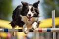 Border collie on dog agility slalom. Sports competitions of dogs on agility field. Collie dog jumping over obstacle. Generative AI Royalty Free Stock Photo