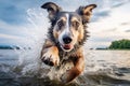 Border Collie dog bathes in the river close-up. Summer vacation concept