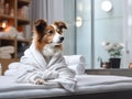 Border collie dog in a grooming salon after a shower wrapped in a towel. Dog in a bathrobe resting on bed after taking bath in a