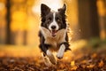 Border collie dog running in autumn forest. Fall season concept. Border collie dog running in the autumn meadow. Pet animals, AI Royalty Free Stock Photo