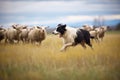 border collie herding sheep in a pasture Royalty Free Stock Photo