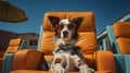 Border Collie lounging comfortably in an orange armchair. Summer holiday. AI-generated. Royalty Free Stock Photo