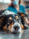 Border collie pet waits on gurney, at vet, for checkup