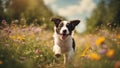 border collie puppy A joyful puppy dog sprinting through a meadow of wildflowers, with colorful butterflies Royalty Free Stock Photo