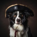 Border collie wearing an antique pirate hat and cocked hat, portrait, close-up.