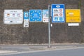 Border crossing to Germany, many road signs inform about speed limits and toll fees on german streets, welcome sign, EU