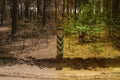 The border of a dead forest and a living flowering forest. Border in the form of a border pillar. Prosperity and lifelessness. The Royalty Free Stock Photo