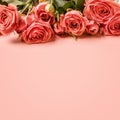 Border of delicate coral roses. Mother`s Day concept