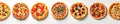 A border of different pizzas arranged in a line white isolated
