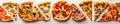 A border of different pizzas arranged in a line white isolated