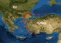 Border EU and Turkey on geographic map, refugee crisis concept. Conflict between European Union and Turkey over the flow of