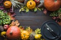 Border of fall harvest, pumpkins, dry leaves, grapes, set for place setting. Thanksgiving Day. View from above Royalty Free Stock Photo