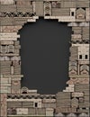 Border frame on black background with decorative stonework. ÃÂ¡opy space. Ruined wall of stone blocks and bricks with pattern