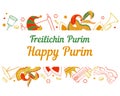 Border frame, design template for Purim. Traditional objects, decorations and food. Hand drawn