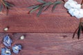 Border frame made of branches eucalyptus on dark wooden background. lay flat, top view