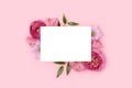 Border frame made of rose and alstroemeria flower on a pink background Royalty Free Stock Photo