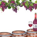 Border frame with wine glass and bottle on top of wooden barrel under bunches of grapes with green leaves on vine branch. Hand Royalty Free Stock Photo