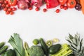 Border of green and red vegetables and fruits isolated on white background Royalty Free Stock Photo