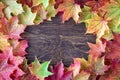 Border of green, yellow, orange, and red maple leaves on a dark wood background, as a fall nature background Royalty Free Stock Photo