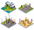 Border guards 2x2 illustration drone observation passport verification border violators isometric icons on isolated background