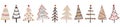 Border of hand drawn winter Christmas trees. Whimsical doodles. Red and beige New Year trees. Holiday set. Royalty Free Stock Photo