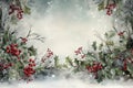 A border of lush green Christmas garland, interspersed with bright red holly berries. The garland is detailed with a light dusting