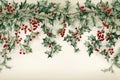 A border of lush green Christmas garland, interspersed with bright red holly berries. The garland is detailed with a light dusting