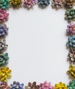 Border made from coffee beans hand made multicolour flowers Green,yellow,emerald green,pink,blue colors