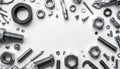 Frame of nuts bolts screws and tools on a white background with copy space washers Royalty Free Stock Photo