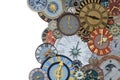 Multicolored collection of ancient church tower clocks on a pile Royalty Free Stock Photo