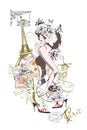 Border from Paris illustrations with fashion girls.