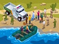 Border patrol detained illegal immigrants arriving in a motor boat to the seashore and special vehicles isometric icons on isolate