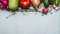 Border with radish courgette tomato cucumber onion herbs, concept autumn vegetables Royalty Free Stock Photo