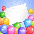Border of realistic colorful helium balloons and white sheet. Royalty Free Stock Photo