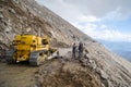 Border roads organization personnel clearing a landslide with the help of an earth mover near Khardungla pass in the Himalayas