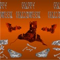 Border seamless background Happy Halloween inscription of bones scary skull and scary castle orange holiday background vector illu