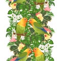 Border seamless background parrots Agapornis lovebird tropical birds and Brugmansia with pink and yellow hibiscus vector illust