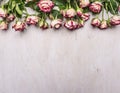 Border, spring shrub roses with leaves on the branches place for text on wooden rustic background top view