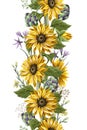 Border with Sunflowers bouquet,.artichoke and wild flower. Vector illustration. Royalty Free Stock Photo