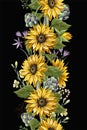 Border with Sunflowers bouquet,.artichoke and wild flower. Vector illustration. Royalty Free Stock Photo
