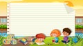 Border template with three kids reading book in the park background Royalty Free Stock Photo