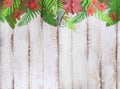Border with tropical jungle pattern on white wooden background Royalty Free Stock Photo
