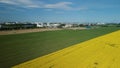 Border of two fields. Blooming yellow rapeseed and cereal sprouts. A city is visible on the horizon. Aerial photography Royalty Free Stock Photo