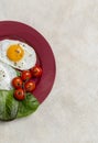 Border with two fried eggs breakfast with vegetables at plate. Horizontal free space Royalty Free Stock Photo