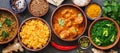 Border variety of Indian dishes. Traditional Indian Food Set. Top view, flat lay