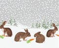 Border winter landscape forest with snow rabbits and hares christmas theme seamless natural background vintage vector