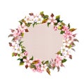 Border wreath with sakura flowers cherry, apple flower blossom. Watercolor card Royalty Free Stock Photo